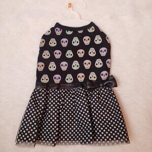 Thrills & Chills Medium Gothic Halloween Skull Black White Polka Dot Dog Dress